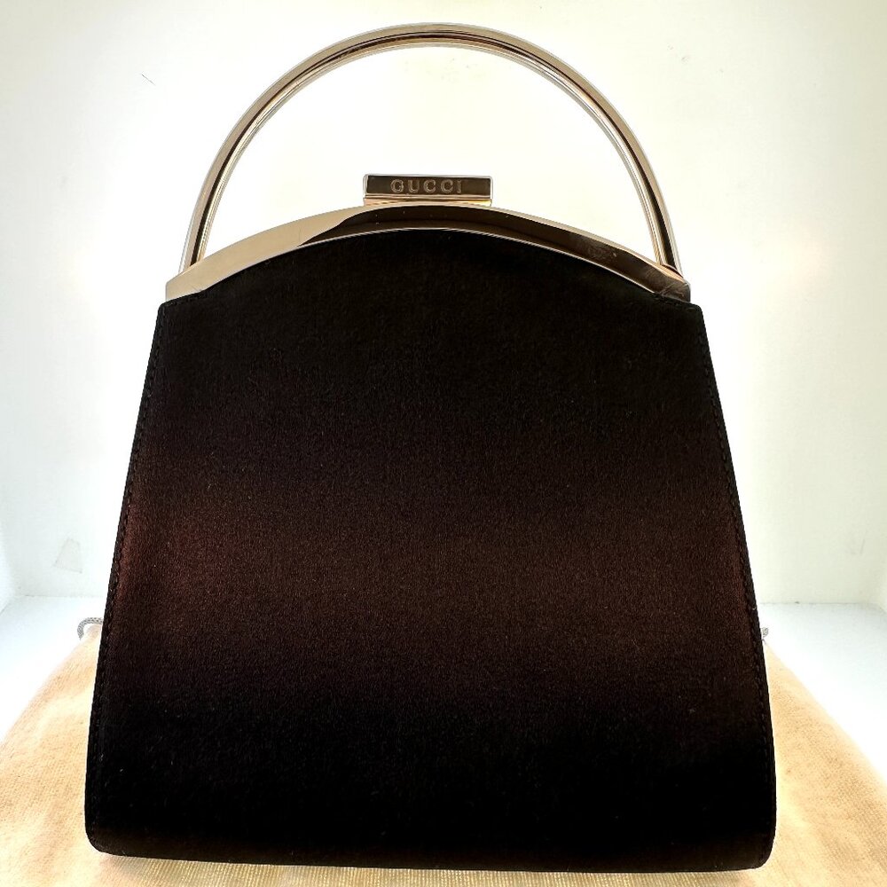 Gucci Silver Tone Black Satin Evening Top Handle Bag